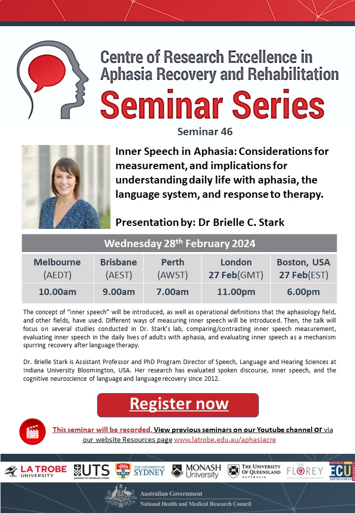 REGISTER NOW - Next weeks seminar. Dr Brielle C. Stark  presents - Inner Speech in Aphasia: Considerations for measurement, &amp; implications for understanding daily life with aphasia, the language system, &amp; response to therapy.  

Register - latrobe.zoom.us/webinar/regist…