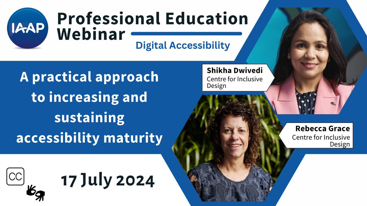Save the date! <a href="/CfIDAus/">Centre for Inclusive Design</a>'s Shikha N. Dwivedi and Rebecca Grace will share critical insights on creating a tailored, sustainable, accessibility program.
▶ When: 3-4pm EDT on July 17
▶ Where: Online
▶ Register now: lnkd.in/dQs8z3PU

Special thanks to <a href="/IAAPOrg/">IAAP</a> for hosting.