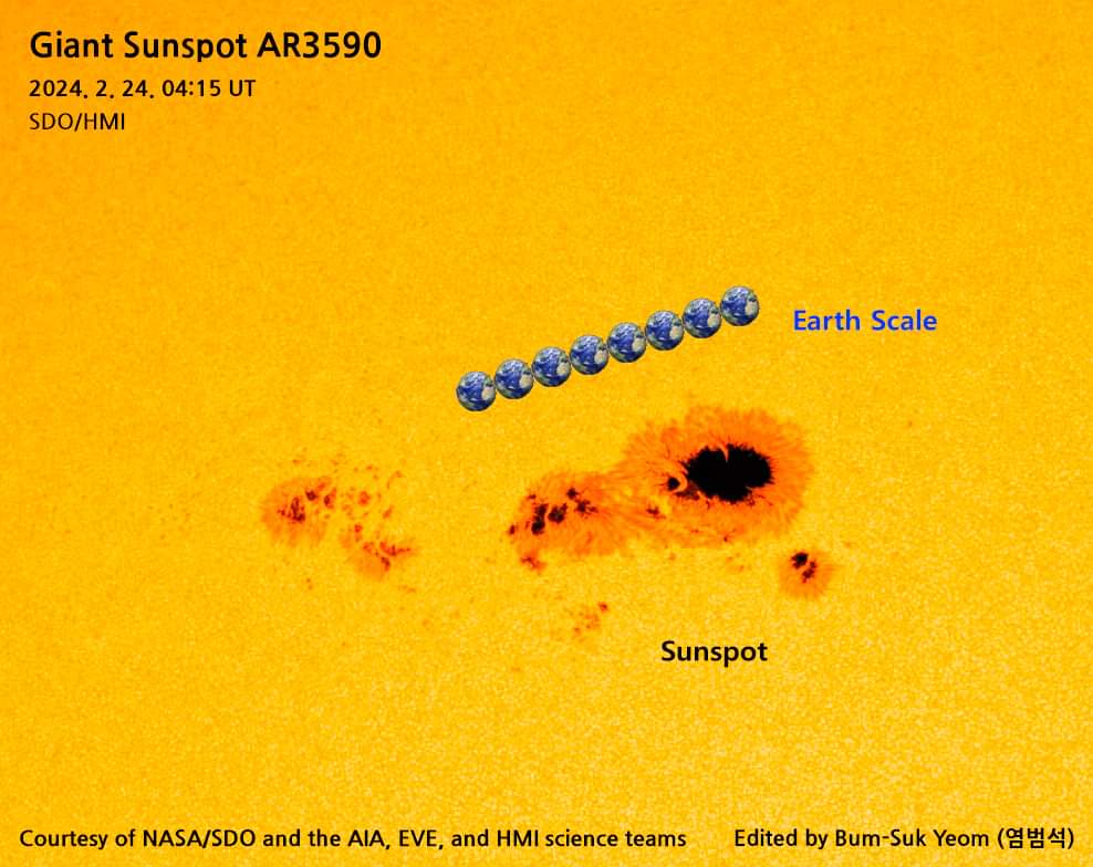 What you can see if you attend our monthly Saturday "Sun" Day event. Full sun and close up of sunspot group AR3590. It is so large that eight Earths fit inside its length as shown in the extra photo from spaceweather.com
- Cell phone and an XT10 Dobsonian telescope.