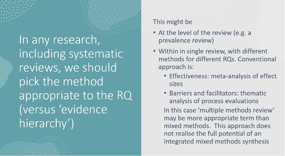 SAsia_Campbell's tweet image. #RCTs do not sit at the top of the #evidence hierarchy in a #mixedmethod review. The best method depends on the #research question says @HowardNWhite of @GDNint at #ICES2024