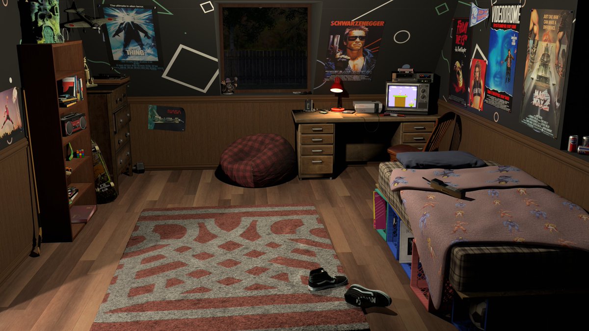 Still chugging away on this Blender scene. I need more mid 80s clutter! #blender #3dart