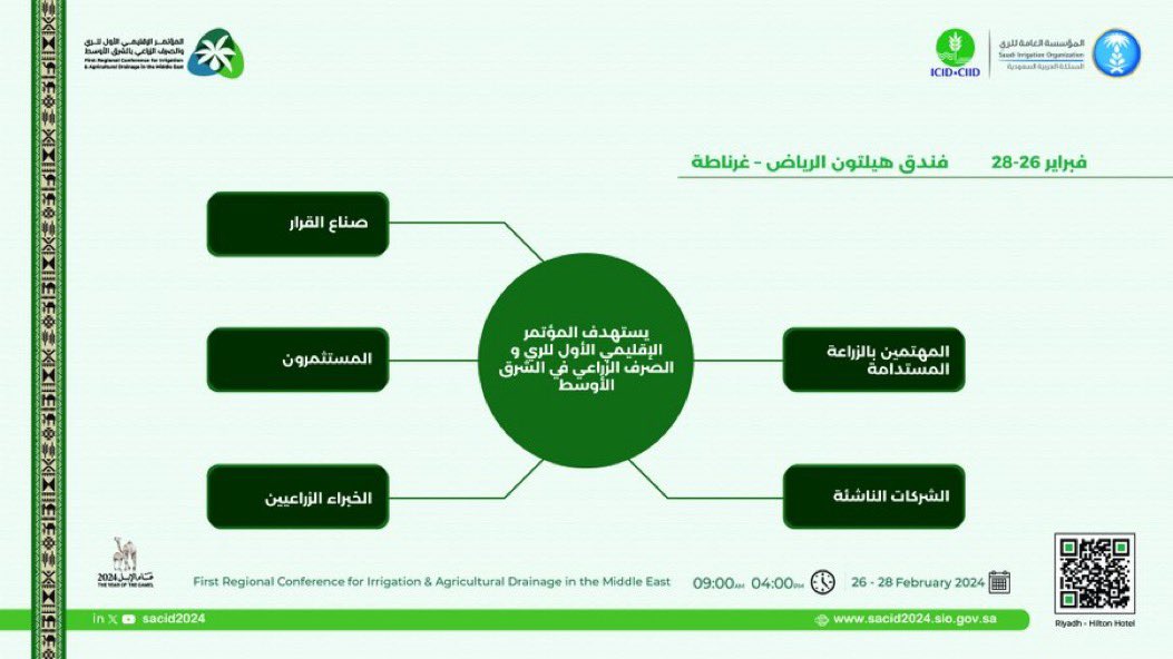 #اليوم ينطلق #المؤتمر_الإقليمي_الأول_للري_والصرف_الزراعي بالشرق الأوسط تنظمه المؤسسة العامة للري <a href="/siogov/">المؤسسة العامة للري</a>  في الرياض بالشراكة مع المنظمة الدولية للري والصرف <a href="/icidorg/">ICID</a>  على مدى 3 أيام بمشاركة عدد من الخبراء والشركات الرائدة عالميًا في قطاع الري.
سجل الآن: bit.ly/3Oz1jVC