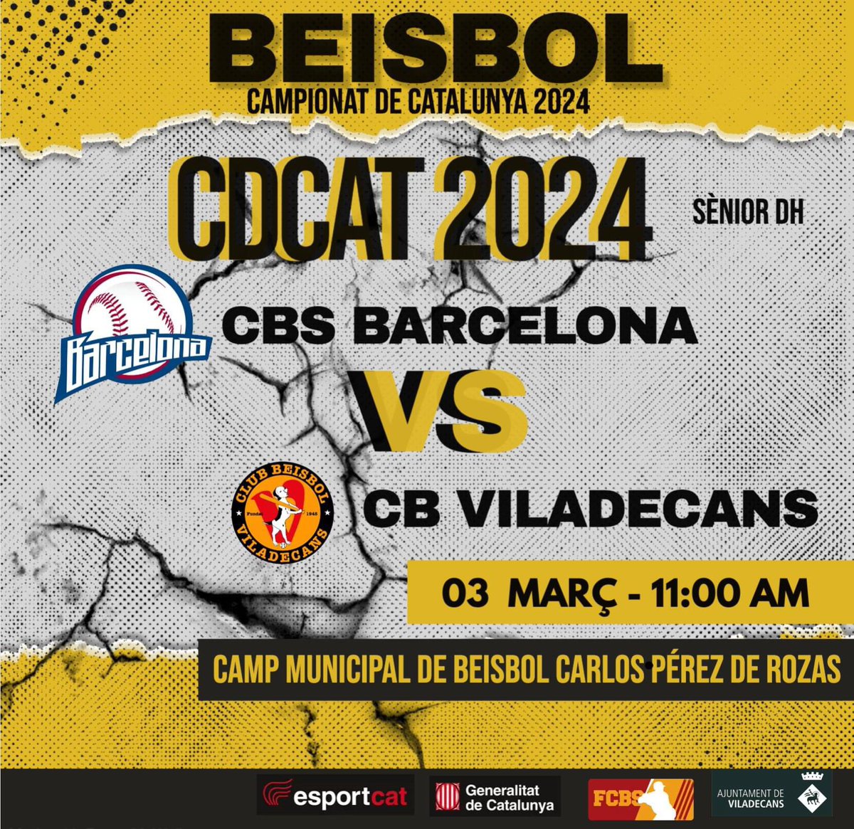 CAMPIONAT DE CATALUNYA 2024
03 MARÇ 2024

SÈNIOR DH
CAMP MUNICIPAL DE BEISBOL CARLOS PÉREZ DE ROZAS
(MONTJUÏC - BARCELONA)

CBS BARCELONA 
CB VILADECANS 

<a href="/CANALboogie/">CANALboogie</a> <a href="/BeisbolVila/">Béisbol Viladecans</a> <a href="/ViladecansTweet/">AjuntamentViladecans</a> <a href="/FCBeisbolSofbol/">Beisbol i Softbol Catalunya ⚾️🥎</a>