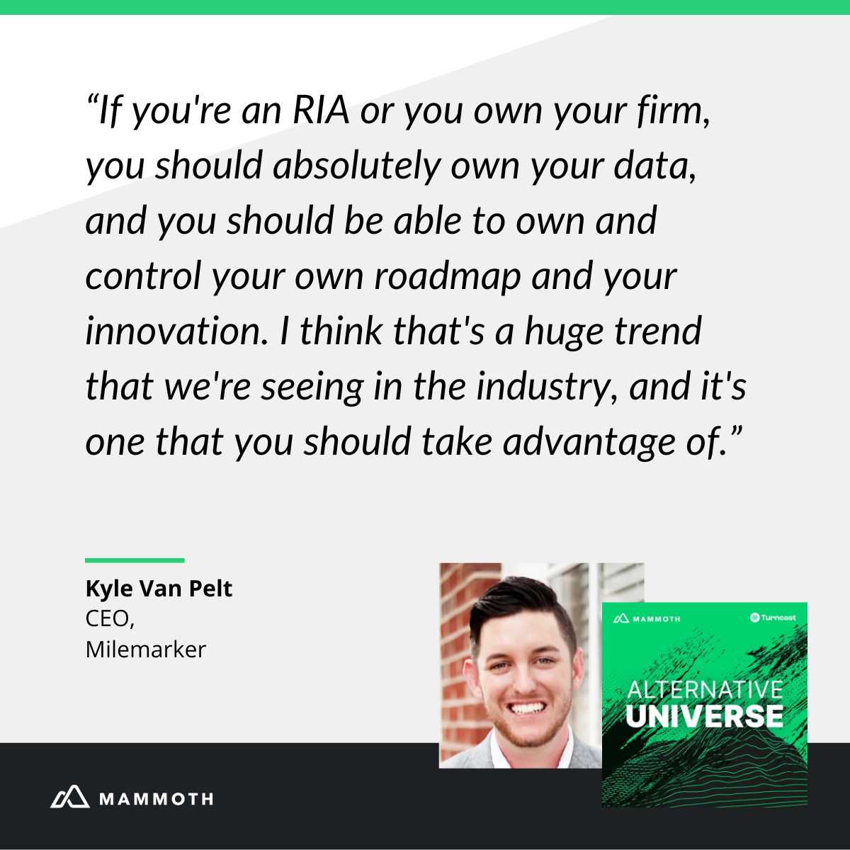 NEW episode of <a href="/mammothfintech/">Mammoth Technology</a>'s Alternative Universe Podcast: Creating a Michelin-Star Client Experience with <a href="/KyleVanPelt/">KVP</a>, CEO at <a href="/milemarkerco/">Milemarker</a> 

Full episode: open.spotify.com/show/63PrWjNR8…