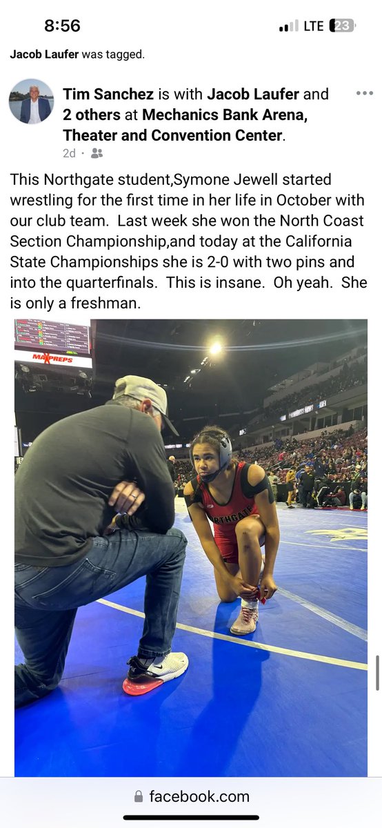 Symone Jewell, 9th grader at @NorthgateHS has finished an incredible wrestling season in her inaugural year, placing in every single tournament, winning an NCS championship (first female in school history) and has now finished 6th in the State! Congrats, Symone!