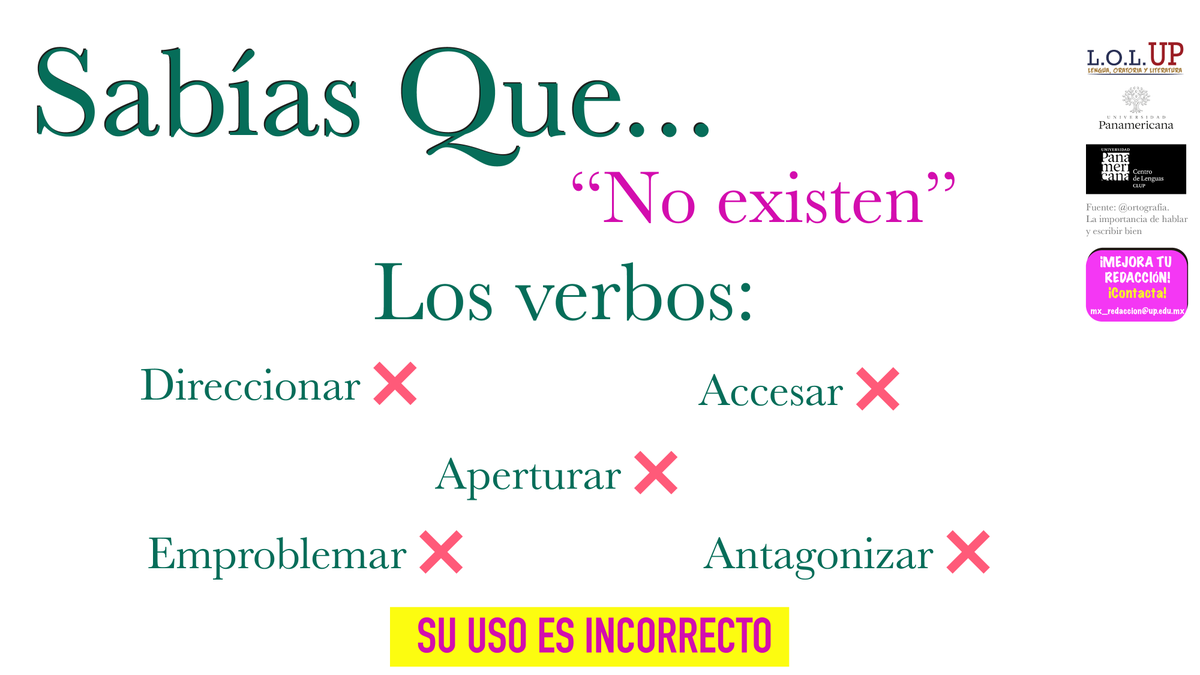 LinguaUP's tweet photo. 💡Los verbos son palabras que indican acciones o estados que hacen las personas, pero algunos son "inventados" o están mal conjugados 

@UPMexico | @Enfermeria_UP | @BellasArtes_UP | @EmpresarialesUP | @esdai | @FilosofiaUP | @UPingenieria https://t.co/tVBxTfm5LM