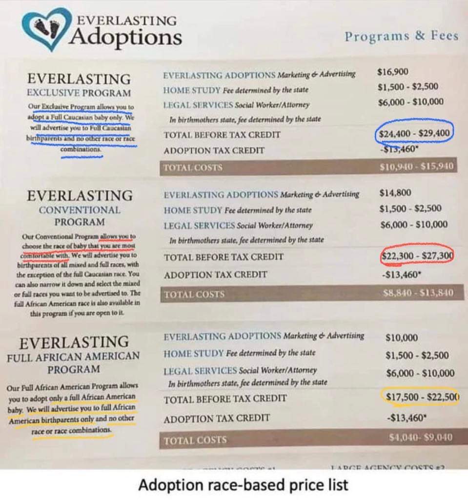 GusWatanabe's tweet image. Never happens. But you can get a discount if you take on a Black baby or a mixed race baby.

#AdoptionIsHumanTrafficking