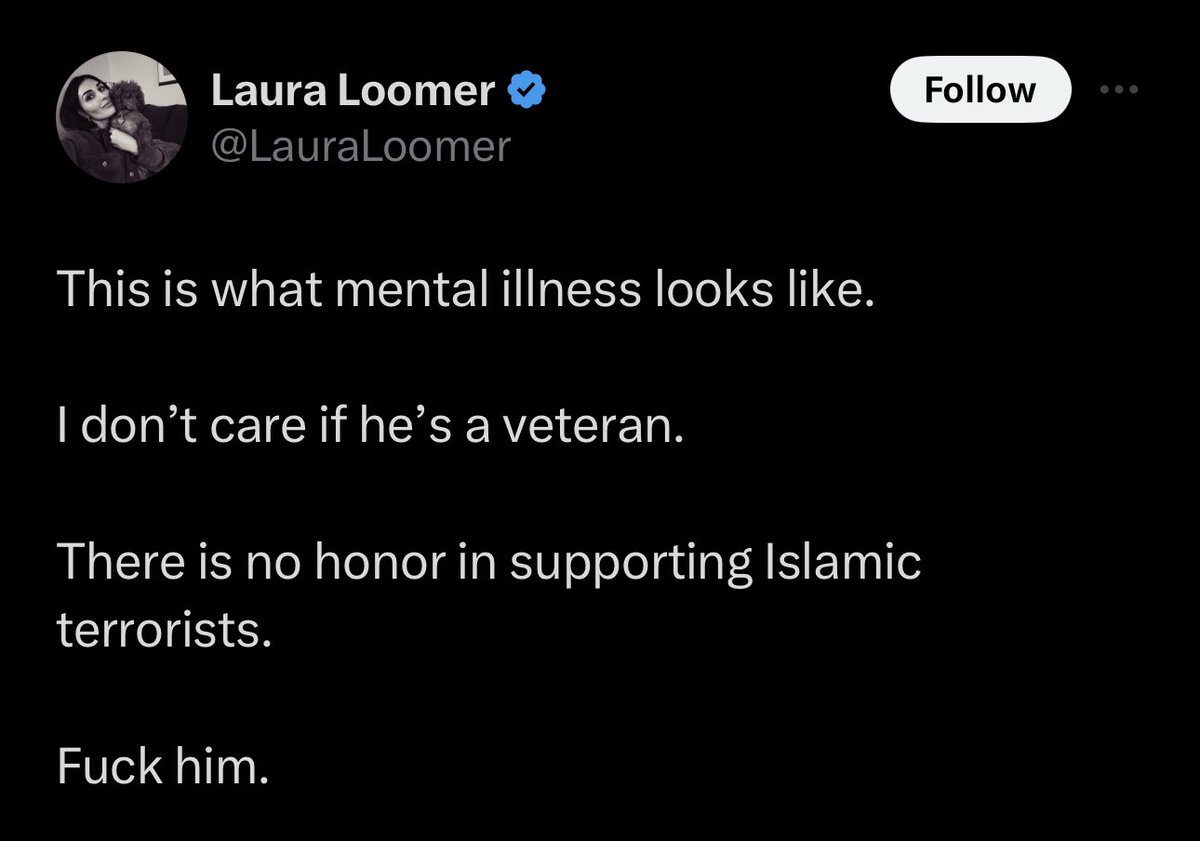 A US soldier lit himself on fire and died.

Instead of showing sympathy towards the man who tragically lost his life, what does Laura Loomer say?

'I don't care if he's a veteran -- fuck him.'

Mind you, this is the same woman who got angry at Joe Biden for condemning the murder