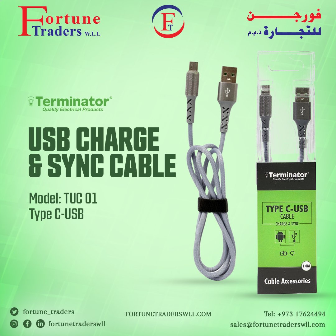 fortune_traders's tweet image. 𝐔𝐒𝐁 𝐂𝐡𝐚𝐫𝐠𝐞 &amp;amp; 𝐒𝐲𝐧𝐜 𝐂𝐚𝐛𝐥𝐞• The Terminator USB Data Cable is a high quality, versatile cable designed to charge and sync your devices at a high speed.𝗖𝗮𝗹𝗹: +973 17624494,16624494 𝗠𝗮𝗶𝗹: Sales@fortunetraderswll.com #usbchargingcable #synccable #typecusbcable