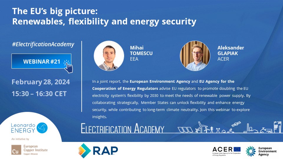 ⏰ Join us on Wednesday (28/02) for the 21st webinar of #ElectrificationAcademy: 𝗧𝗵𝗲 𝗘𝗨’𝘀 𝗯𝗶𝗴 𝗽𝗶𝗰𝘁𝘂𝗿𝗲: 𝗿𝗲𝗻𝗲𝘄𝗮𝗯𝗹𝗲𝘀, 𝗳𝗹𝗲𝘅𝗶𝗯𝗶𝗹𝗶𝘁𝘆 𝗮𝗻𝗱 𝗲𝗻𝗲𝗿𝗴𝘆 𝘀𝗲𝗰𝘂𝗿𝗶𝘁𝘆. Report from @EUEnvironment and @EU_ACER. Register copperalliance.zoom.us/webinar/regist…