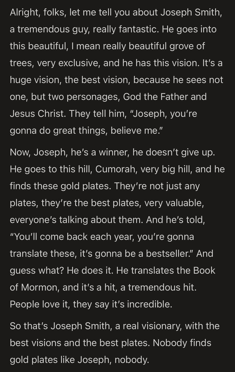 Hotchkiz's tweet image. My wife and I have been laughing all night asking AI to retell Book of Mormon stories in the style of Donald Trump.
I need to find a good AI voice generator.