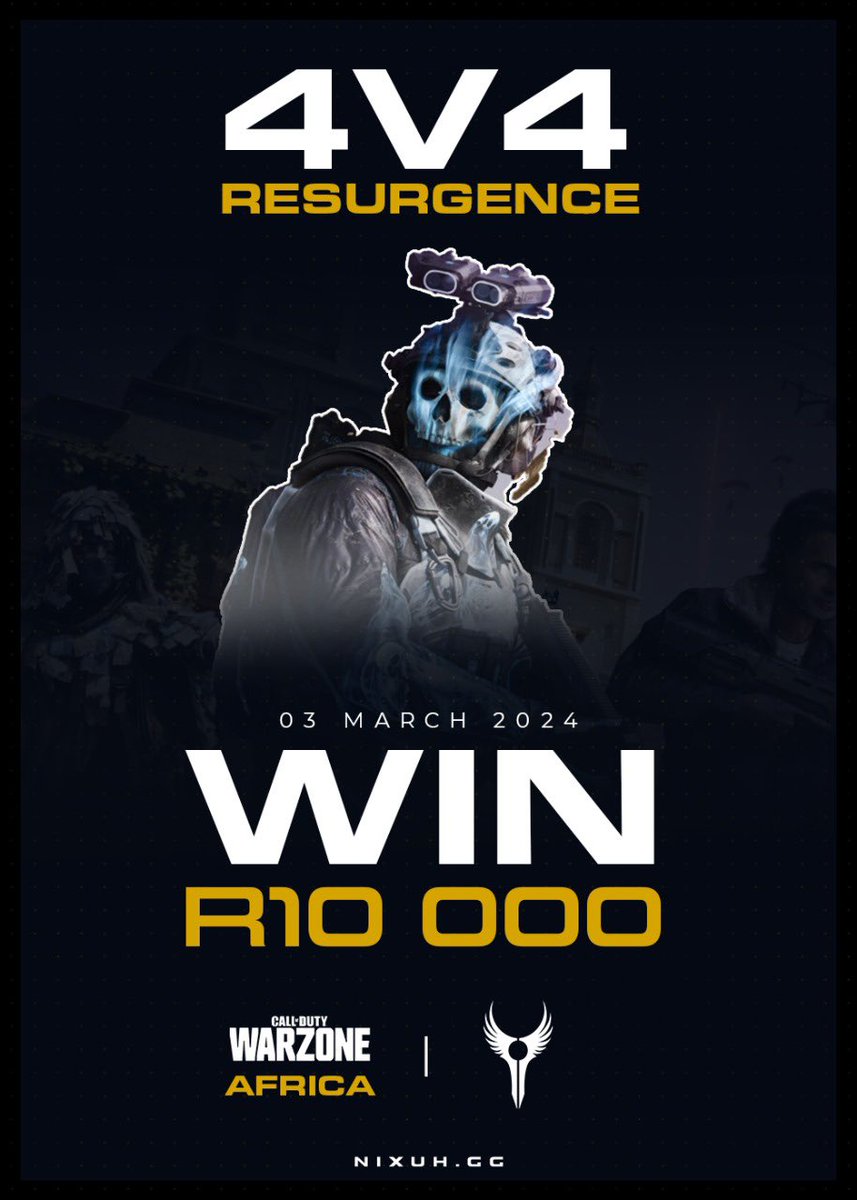 Bookmark it! 

🗓 Sun, 3rd Mar | 5pm SAST
👥 Resurgence Quads Kill Race
💰Prize Pool: R10,000
🎟 Free Entry
🎮 Best 5 Games within’ 4hours
📜 Rules on Warzone Africa Discord
📝 Sign up on Warzone Africa Discord
Sponsored by <a href="/NixuhGG/">Nixuh</a>