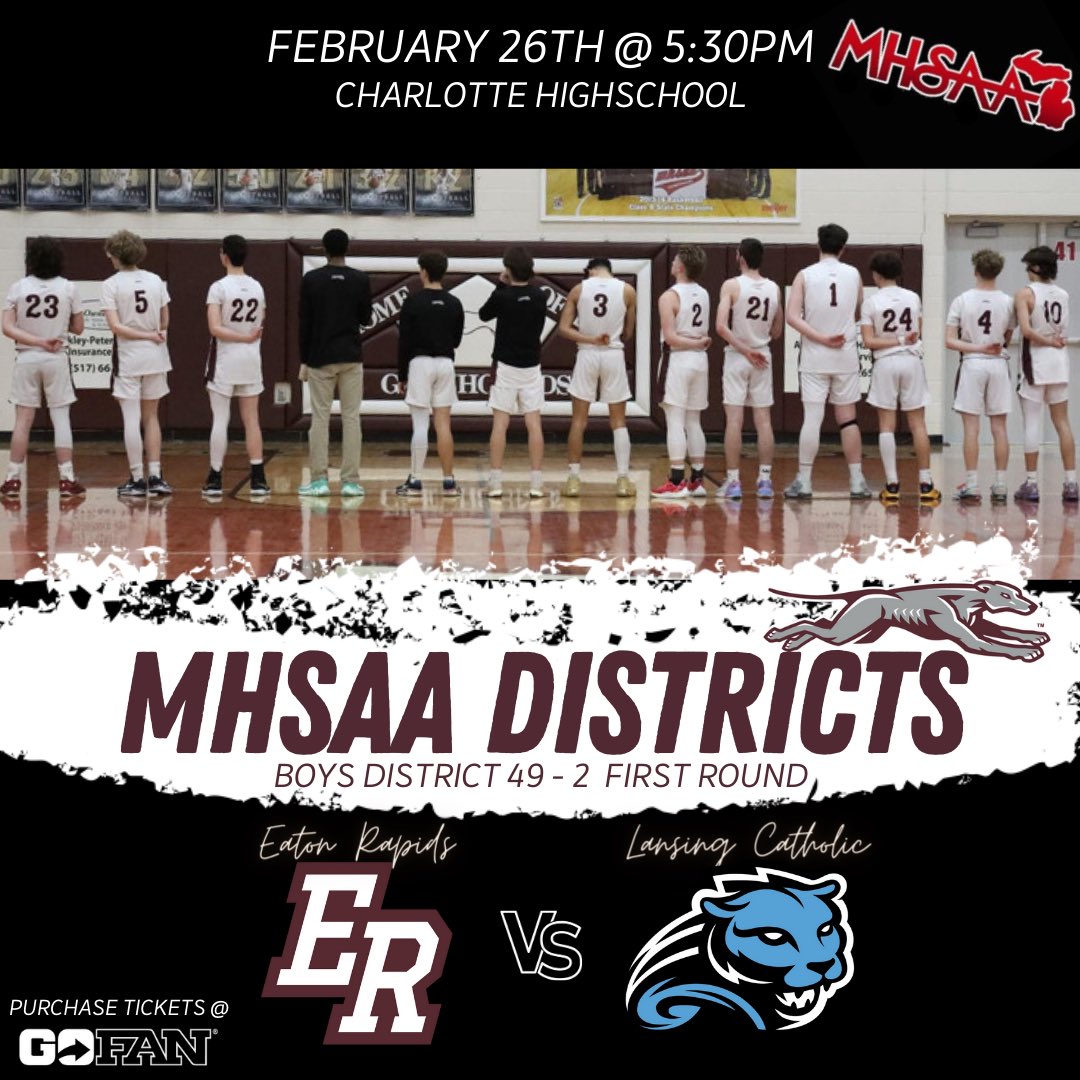 📢 Districts Begin TONIGHT for the V.A.R.S.I.T.Y Boys‼ 5:30pm Tip-off at Charlotte Highschool! 🏀

Come Support the Team by Packing the Stands as They Take on the Lansing Catholic Cougars!! 🐾👏🏼

🎟️ Tickets on Go Fan 🔗 https: gofan.co/event/1417597

#GoHounds #WeAreER