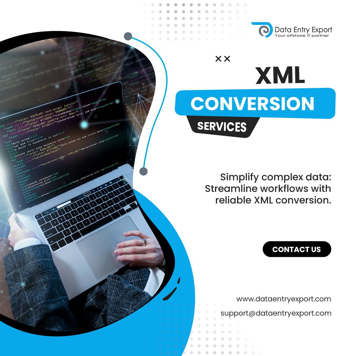 dataentryexport's tweet image. Navigate the complexities effortlessly. Trust us to convert your data into a powerful XML format.
Read more: buff.ly/3K7kiV9
Email us: support@dataentryexport.com
#XMLconversion #dataconversion #xml #outsourcing #BPOservices #business