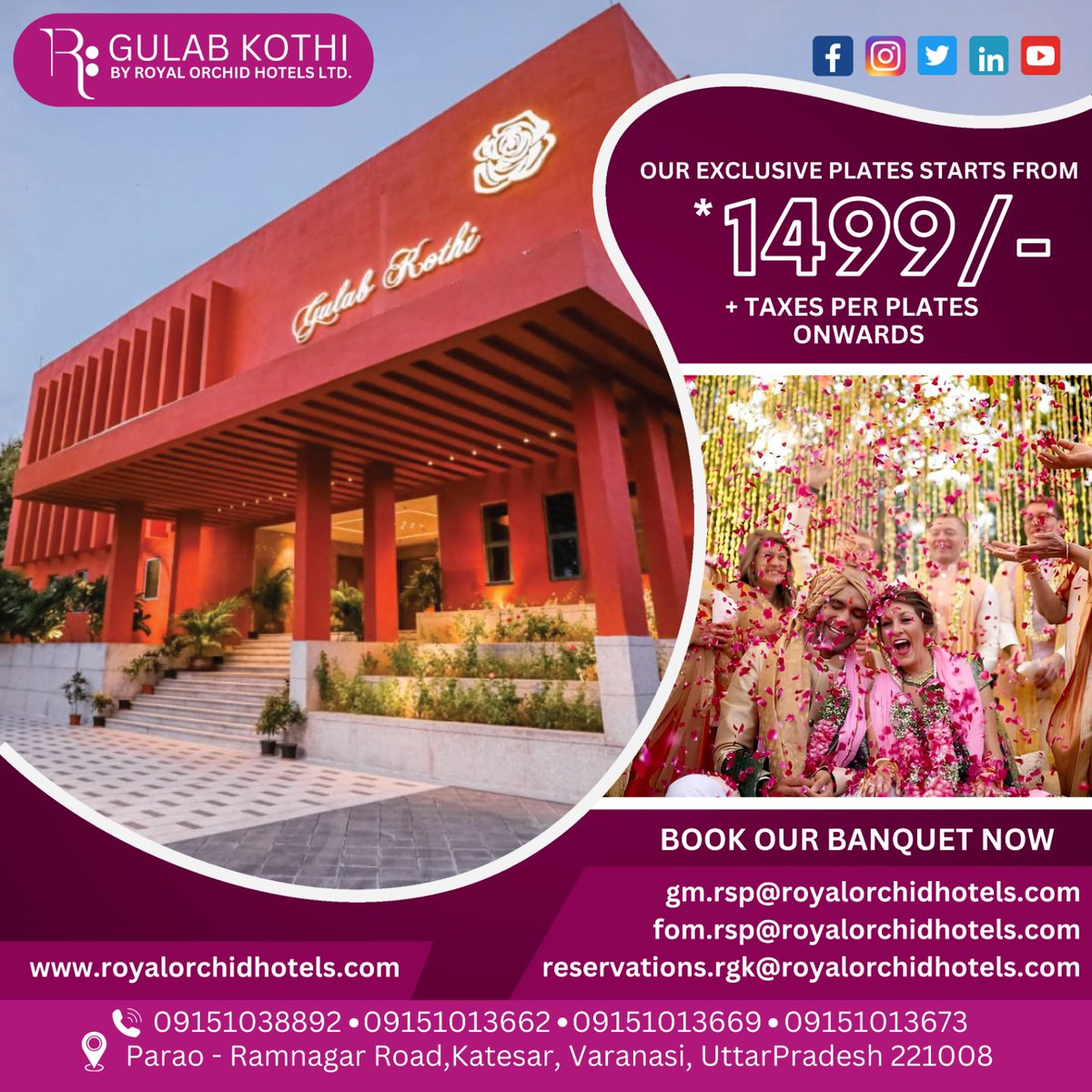 Plan Your Perfect Event at Royal Orchid Hotels in Varanasi! .
#royalorchid #varanasi #luxuryhotels #banquet #eventplanning #uttarpradesh #booknow #specialoffer #eventvenue #royalorchidhotels #royalexperience #gulabkothi #luxurycuisine #tasteofroyalty #gulabkothi #stagedecor