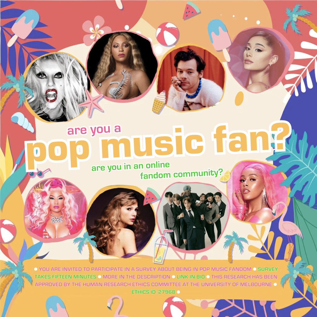 My PhD student Sascha Samlal is conducting a survey of pop music fans - if you meet the following criteria please fill it in! (And everyone please share!)
🎵 Over 18
🎵 Currently live in Australia 
🎵 Are active in one or more pop music fandoms 
melbourneuni.au1.qualtrics.com/jfe/form/SV_29…