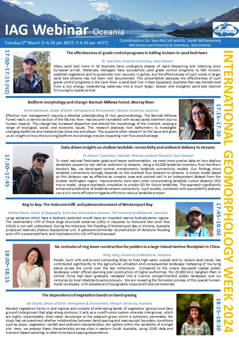 In celebration of International Geomorphology Week we are hosting the Oceania <a href="/IAGAIG/">International Association of Geomorphologists</a> webinar. We have an exciting line up up of speakers. It will be held Tue 5th March starting at 5 pm NZST (3 pm AEST). Register via the link below to recieve a Zoom link: eventbrite.com/e/iag-webinar-…