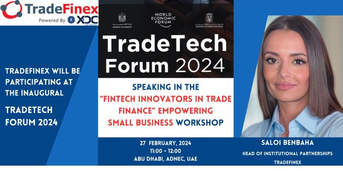CryptoQueenVinn's tweet photo. Join Saloi Benbaha, Head of Institutional Partnerships at @TradeFinex, as she takes the stage at #TradeTechForum 2024 on Feb 27th in Abu Dhabi.

🎤 Don't miss her panel session on "Fintech Innovators in #TradeFinance: Empowering Small Businesses."

#tradefinex #XDCNetwork #XDC https://t.co/PeSuSWGFhn