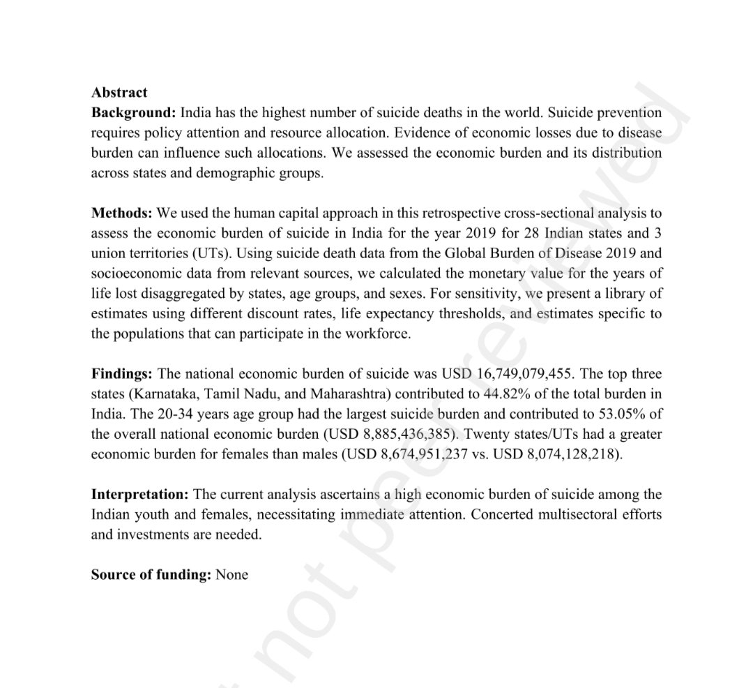 India has the most no. of suicides, globally. Have you ever wondered what's the cost of inaction? ASAR study led by <a href="/genius_sis/">Anukrati Nigam</a> &amp; Madhurima suggests that pre-pandemic, it was at least $16 billion annually. The young &amp; the females bear most of this burden. 
papers.ssrn.com/sol3/papers.cf…