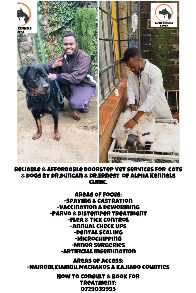 alphakennelske's tweet image. Reliable &amp;amp; affordable doorstep vet services for  cats &amp;amp; dogs by Dr.Duncan &amp;amp; Dr.Ernest  of Alpha Kennels Clinic.

Bookings can be made by contacting @alphakennelske 

#Elodie
#PeterMorgan
#E-CITIZEN
#CharleneRuto
#MargaretKenyatta