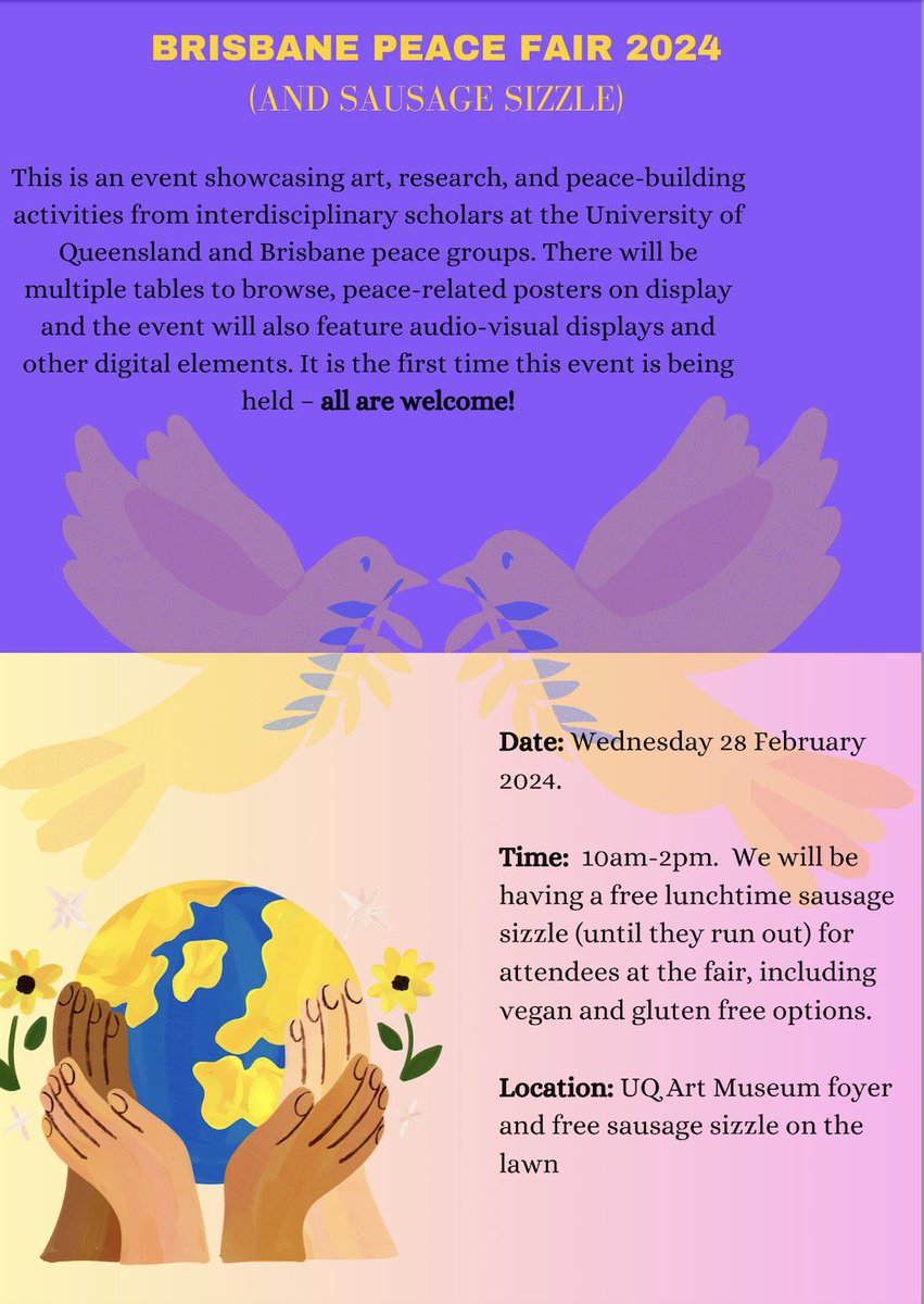 Please join us for the Brisbane Peace Fair 2024, organised by @WLouisUQ and Christine McCoy and colleagues, with participation from the UQ @Rotary Peace Centre. Wed 28 Feb between 10am-2pm at the UQ Art Museum. Please drop by. All welcome. @POLSISEngage.