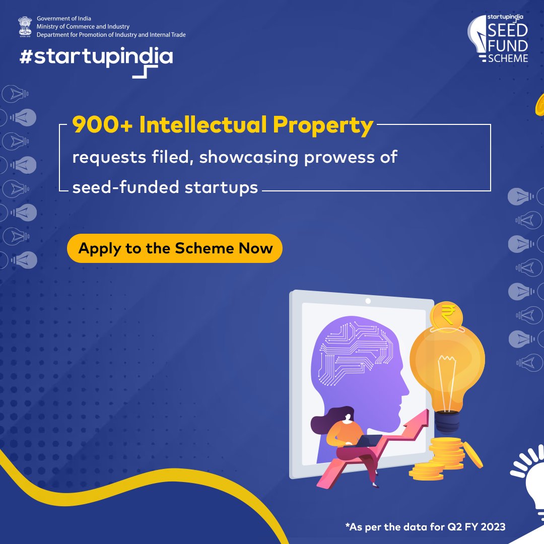 startupindia's tweet photo. Startup India Seed Fund Scheme nurtures rise of exemplary ideas with filing of 900+ Intellectual Property requests.

Apply now for the scheme: https://t.co/DoIgforq9J
 
#SeedFundScheme #DPIIT #StartupIndia #QuarterlyPerformanceReview #FYQ2 https://t.co/KjANvkBRdh
