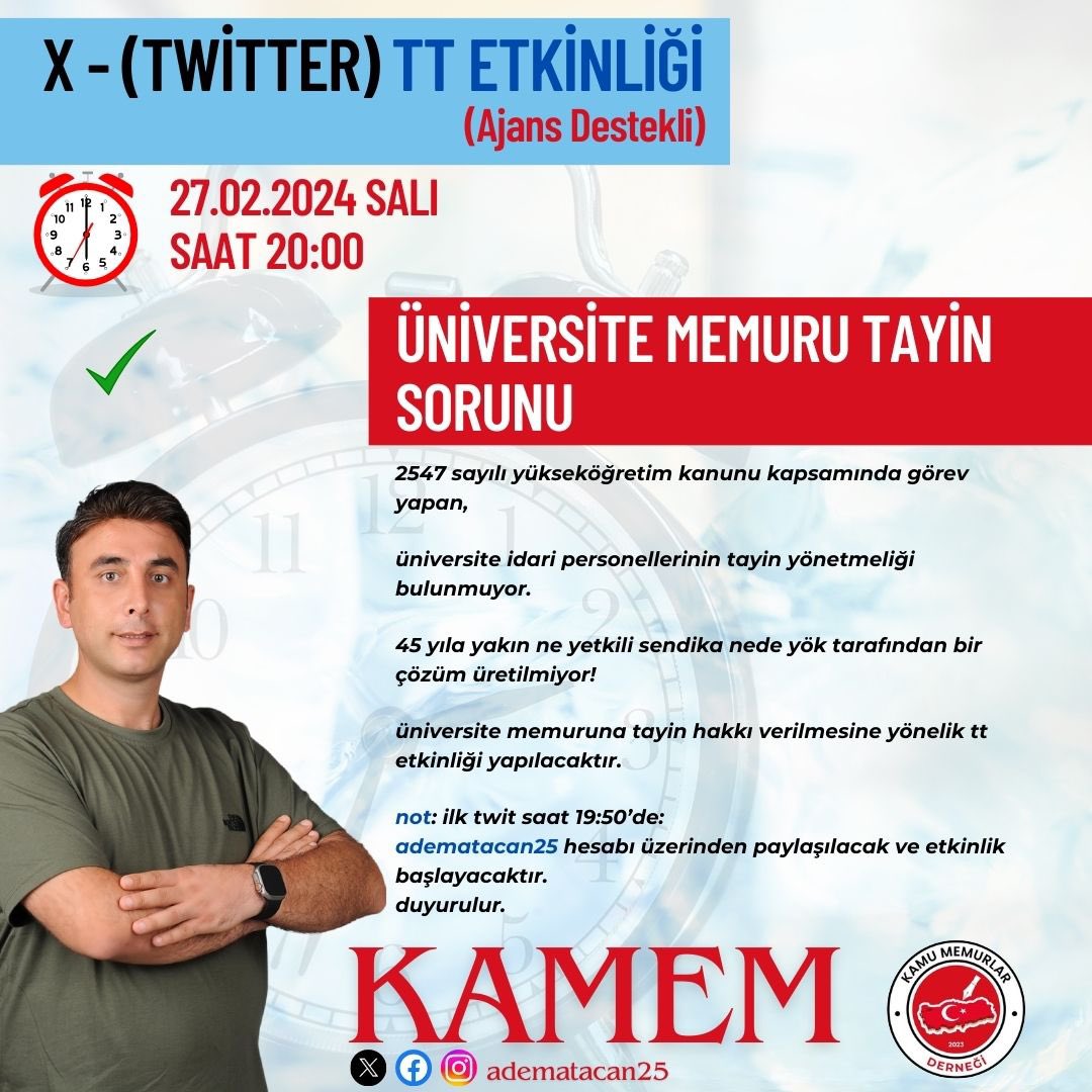 adematacan25's tweet photo. ÜNİVERSİTE MEMURLARINA YÖNELİK YAPILACAK BU ETKİNLİK;

TAYİN YÖNETMELİĞİNİN ÇIKARARIKMASINA YÖNELİKTİR.

TÜM ARKADAŞLARIMI BU ETKŞNLİĞE DAVET EDİYORUM.

TAG: ETKİNLİK SAATİNDE İLK TWİTLE PAYLAŞILACAKTIR. https://t.co/6wQasbxvuD