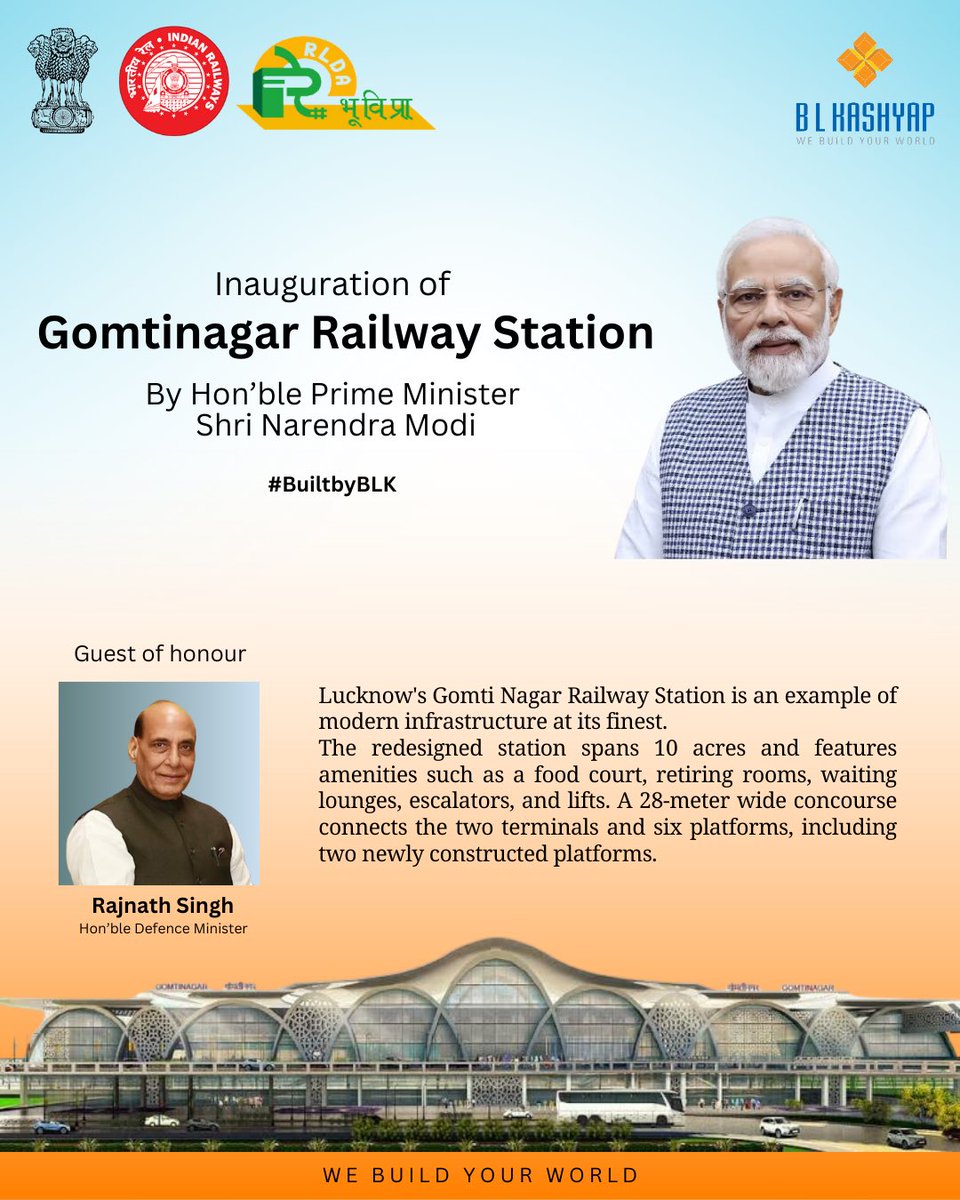Prime Minister Narendra Modi unveils a new chapter in India infrastructure and connectivity as he inaugurates the modernised Gomti Nagar Railway Station #BuiltbyBLK.

<a href="/RailMinIndia/">Ministry of Railways</a> 

#BLK #BuiltbyBLK #WeBuildYourWorld #InfrastructureProjects #Gomtinagar #GomtinagarRailwayStation