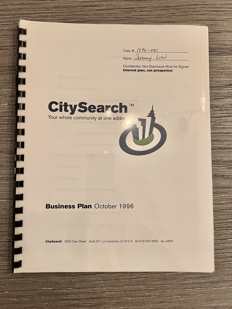 Packing for a move and found the business plan from my first job in tech @Citysearch in 1996. I was a junior burger, carrying the CEO @charlesconn’s bag. Loved working and learning from great folks!