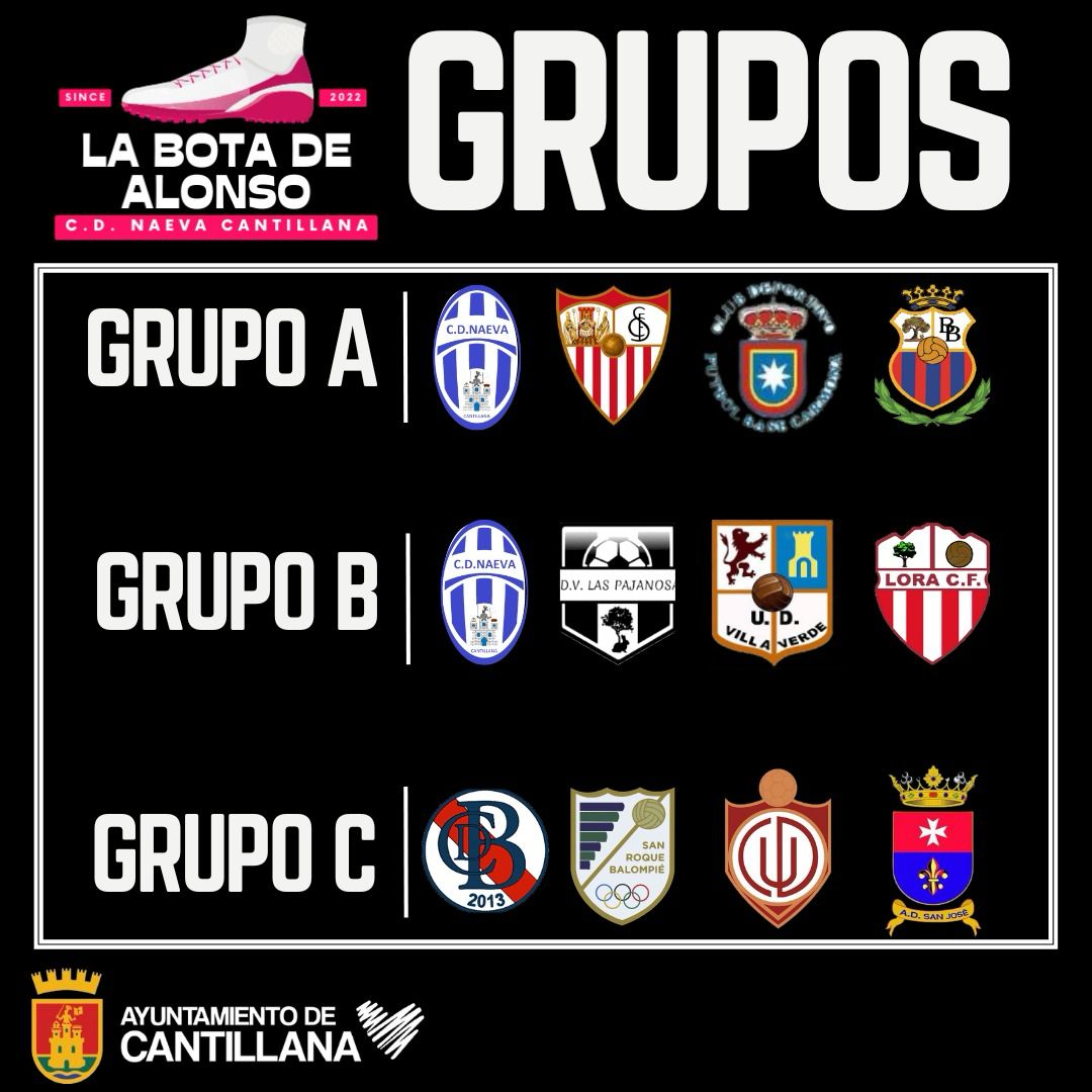 ℹ️ Este Miércoles 28, día de Andalucía, el #CDBAlevín participará en el Torneo II Memorial "La Bota de Alonso" que organiza el @cdnaevacan.
Ha quedado encuadrado en el Grupo C junto a <a href="/CanteraSRB/">San Roque Balompié Cantera</a>, <a href="/cantera_CDU/">Utrera Atlético y cantera</a> y <a href="/ADSJoseCantera/">A.D. San José Cantera</a>.
#CDBurguillos ⚽️🔴🔵