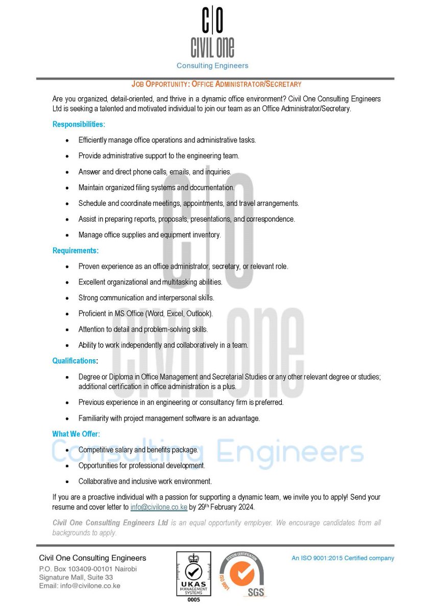 We are Hiring!!!
Job Opportunity: Office Administrator/Secretary.
