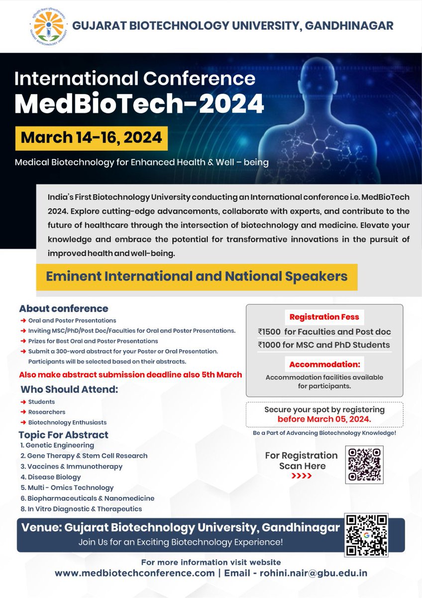 International Conference 'Medbiotech-2024' (March 14-16, 2024) organized by Gujarat Biotechnology University! Secure your spot by registering before March 05, 2024 #medicalbiotechnology #internationalconference #GBUConference2024 #Research #Science