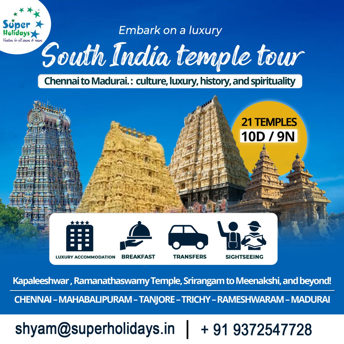 Embark on a sacred sojourn through South India's breathtaking temples.. 🕉️🛕🙏Contact us now for more details and embark on your spiritual journey through South India's temples📞#templetour #SouthIndia #incredibleindia #SpiritualOdyssey #DivineExperience #travelwithsuperholidays