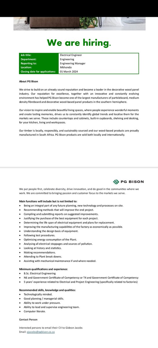 RMakukuli's tweet photo. PG Bison

📌Financial Accountant
Interested persons to email their CV to Phuti Mathekga 
Email: tmathekga@pgbison.co.za

📌Electrical Engineer
Interested persons to email their CV to Gideon Jacobs
Email: gjacobs@pgbison.co.za https://t.co/vJM01K12Tw