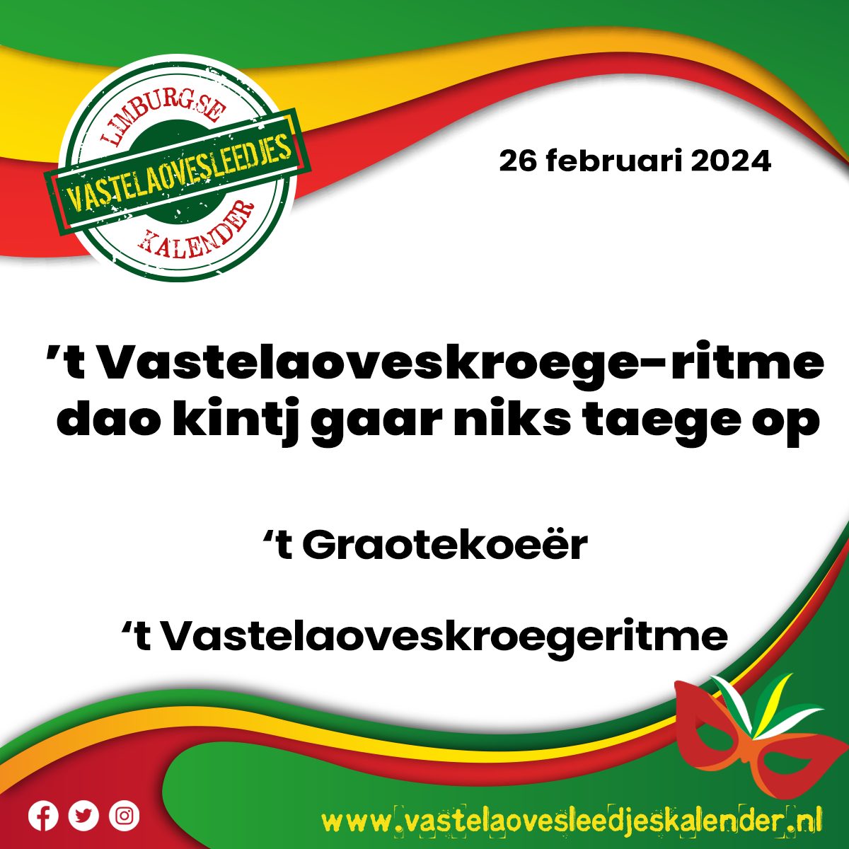 't Vastelaoveskroege-ritme dao kintj gaar niks taege op - 't Graotekoeër ('t Vastelaoveskroegeritme)

vastelaovesleedjeskalender.nl/?p=7180