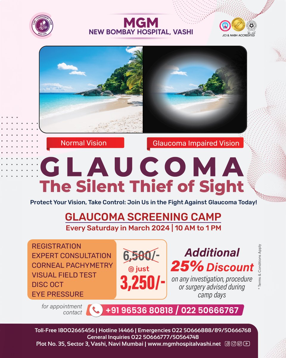 👁️ Join us this Sat, March 2, 2024, for our Glaucoma Screening Camp, detecting the Silent Thief of Sight early. Don't let Glaucoma steal your vision. Also, on March 9, 16, 23, & 30, prioritize eye health. Spread the word! #GlaucomaScreening #EyeHealth #PreventBlindness 🌟