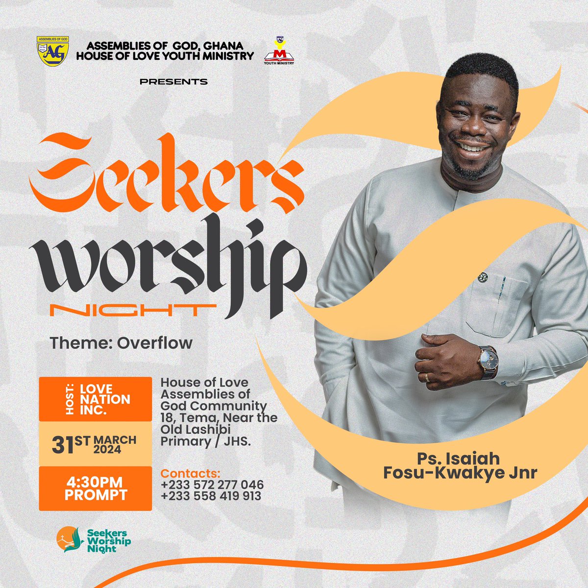 The undiluted worship time is here once again. Come experience that overflowing atmosphere of worship.
#overflow
#SWN24
#seekersworship
#seekersworshipnight
<a href="/perezmusik233/">Perez</a> <a href="/christianvibes6/">Christian Vibes Gh</a>