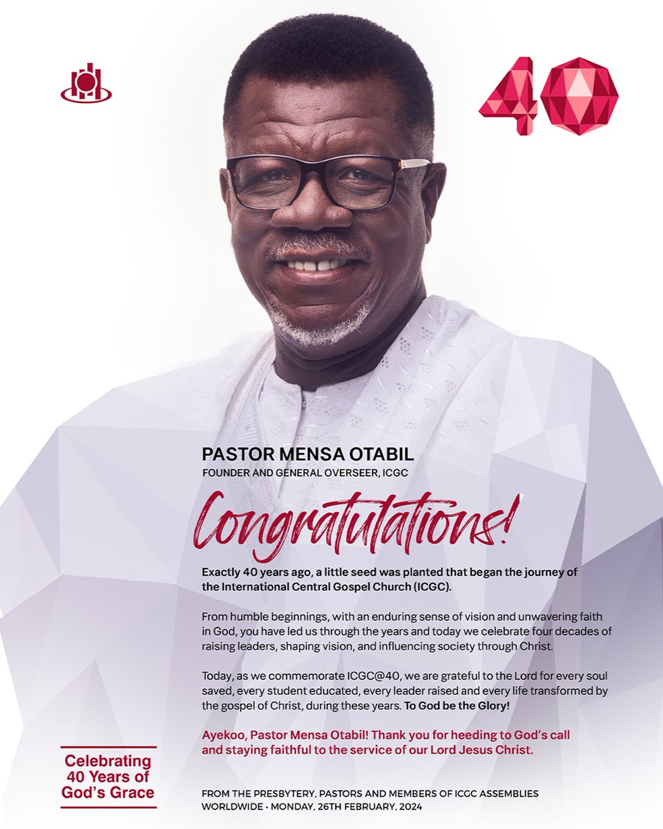 Congratulations to our Founder and General Overseer, Pastor <a href="/MensaOtabil/">🇬🇭 Mensa Otabil</a> 

From humble beginnings, with an enduring sense of vision and unwavering faith in God, you have led us through the years and today we celebrate four decades of raising leaders, shaping vision, and