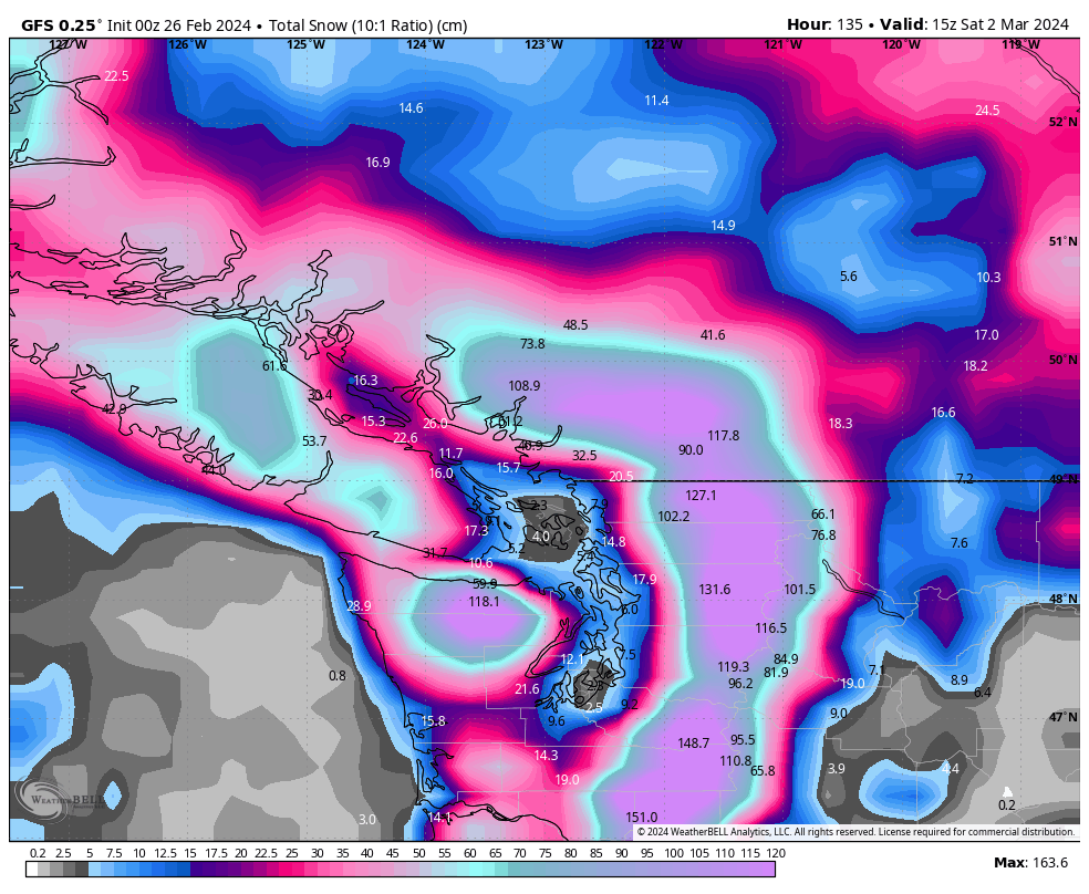 Some crazy #snowfall totals shown by the Euro and GFS by next weekend. 
#BCSnow #BCWx #BCStormWatch #PNW #WinterStorm #WinterWatch #Weather #News