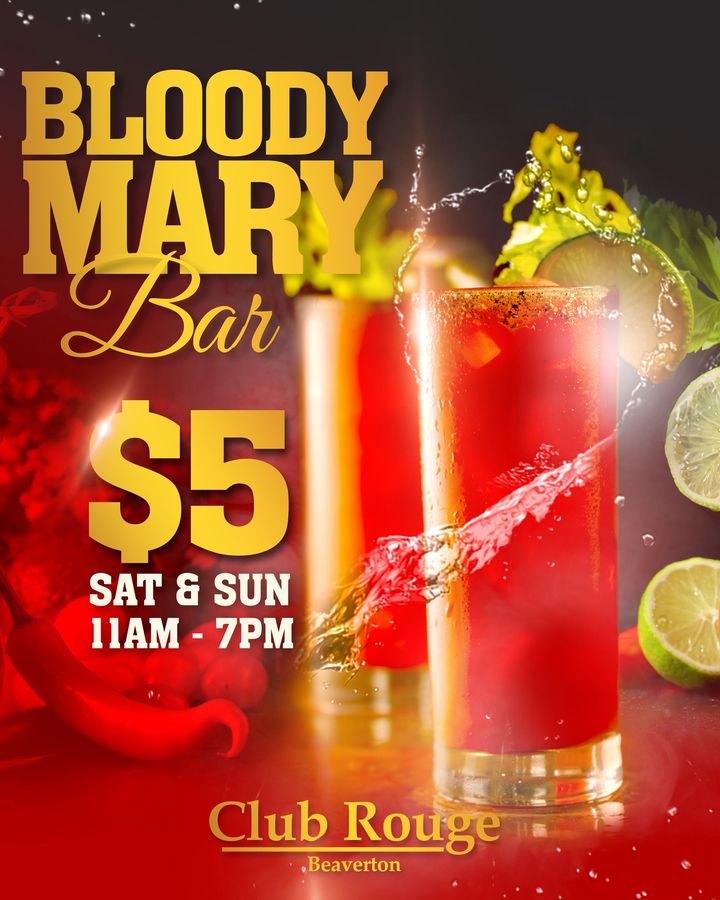 Grab your $5 Bloody Mary every Sunday from 11am - 7pm! After that it's shot time Sunday! 🥃🎉

#clubrougebeaverton #beavertonoregon #bloodymarry #sundayspecials #drinkspecials #bartender #shottime #cocktail #happyhour