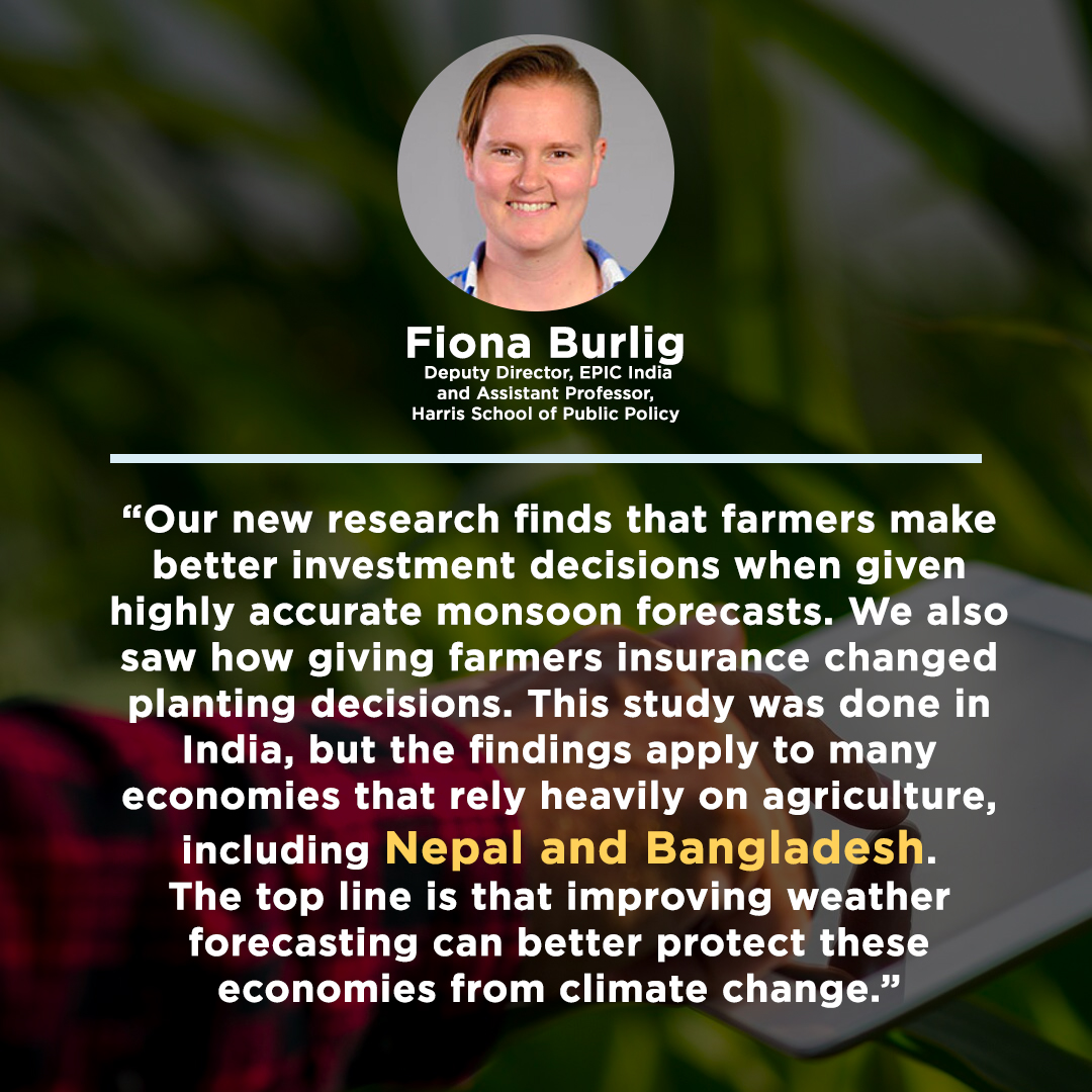 EPIC_India's tweet image. Findings from our #lateststudy reveal that accurate #monsoonforecasts empower farmers in India to adapt to #climatechange and make transformative farming and investment decisions. The impact also extends to economies like Bangladesh and Nepal, emphasizing global relevance.