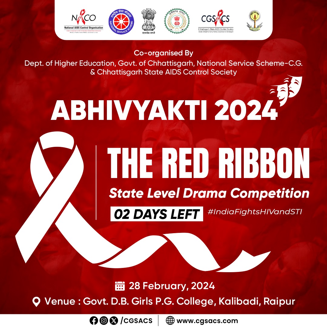 Exciting times! Only two days left until Abhivyakti 2024, the Red Ribbon State Level Drama Competition. #Abhivyakti2024 #RedRibbonClub #DramaCompetition #IndiaFightsHIVandSTI #LetCommunitiesLead