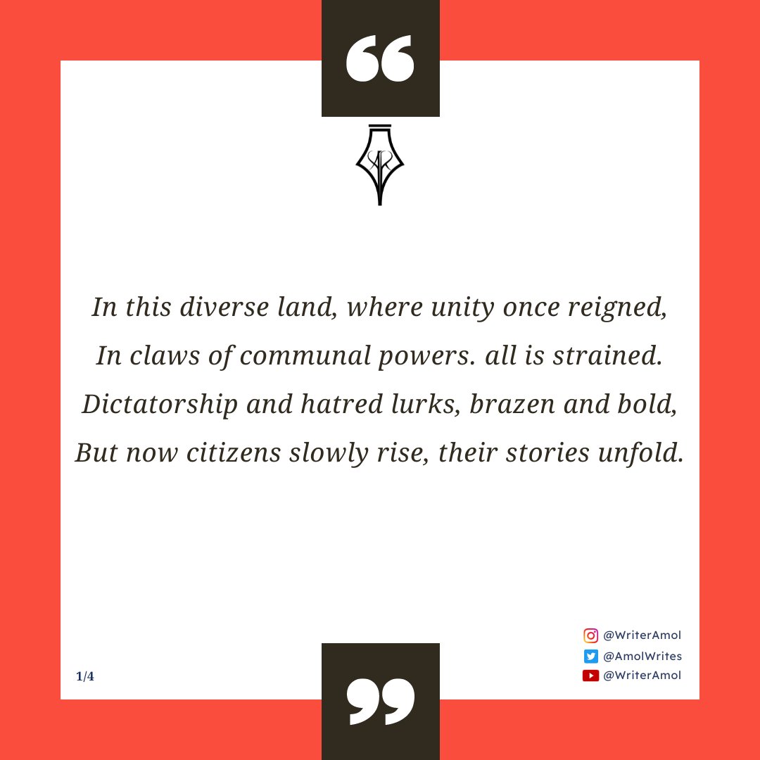 AmolWrites's tweet image. So let our voices unite, thunder, resound,
With peaceful protest, our battleground.
Reject dictatorship, their deceitful aim,
For freedom's truth, we fiercely proclaim.
#ProtestWithPurpose #RiseOfResistance
#DictatorshipAlert #CitizensUnfold #RejectDictatorship #VoiceOfResistance