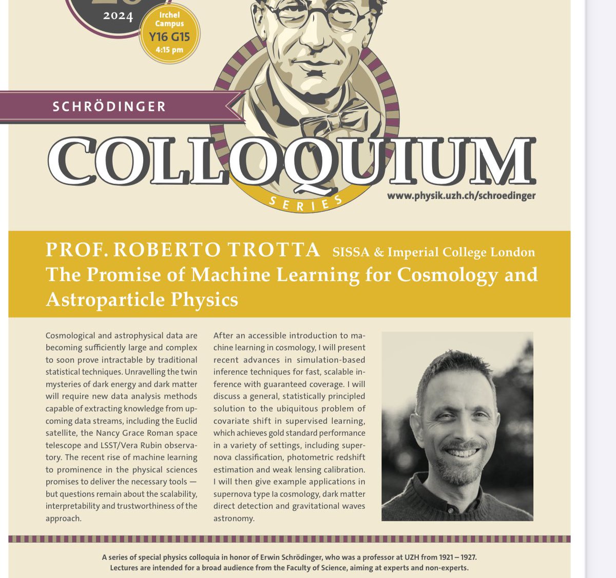 If you’re in Zurich, join us today for Prof. Roberto Trotta’s (@R_Trotta) talk on “The Promise of Machine Learning for Cosmology and Astroparticle Physics”! @UZHPhysics @UZH_Science  physik.uzh.ch/en/seminars/sc…