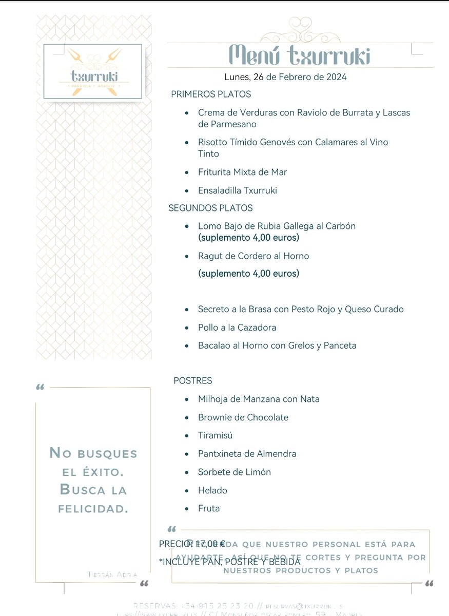 Txurruki_Rest's tweet photo. Menu Lunes 26 Febrero.
Reservas 915252320. https://t.co/WfRTSX3v4k