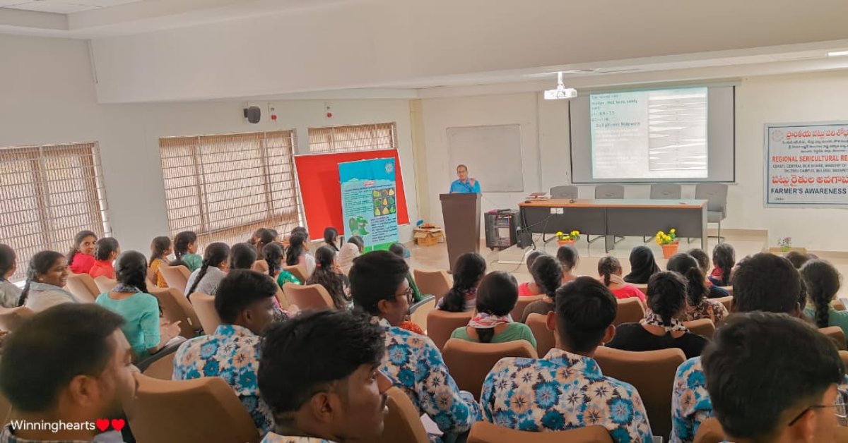 Awareness program on Sericulture tech held at FCRI, Mulugu by RSRS, Central Silk Board, . Dr. Vinod Kumar Yadav shared #MulberryCultivation practices. Dr. G. Raghavendar discussed #Sericulture overview and Telangana developments. Guests, Asst. profs, 75 students attended. #fcri