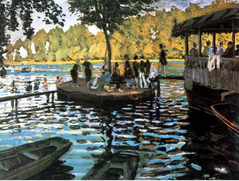 Here’s what Renoir & Monet saw one day in 1869 when they sat side-by-side to paint the scene at La Grenouillère, a popular meeting, eating & boating spot on the Seine ~ Renoir's emphasis on pleasantness contrasts with Monet's bold treatment of the water artinsociety.com/floating-pleas…