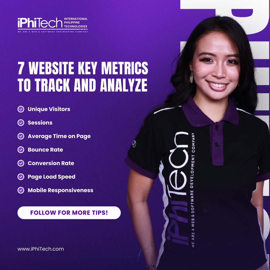 iPhiTech's tweet image. Confused about website analytics?  Don&apos;t sweat it! Here&apos;s the lowdown on the 7 KEY metrics you NEED to track. Optimize with data, make your website shine! ✨ Follow for more tips!  #iPhiTech #WebsiteDevelopment #WebsiteMetrics #KeyMetrics #UniqueVisitors #Sessions #AverageTime