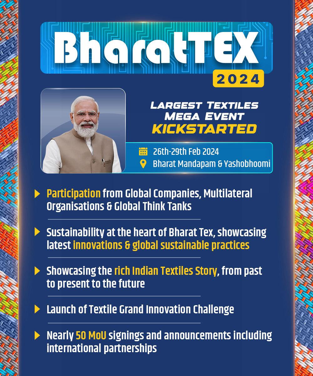 Embark on a transformative journey as Hon'ble PM @narendramodi inaugurates #BharatTex2024, a global textile showcase, from February 26-29, 2024, in New Delhi, spotlighting India's textile excellence & propelling it towards global recognition. Explore more: