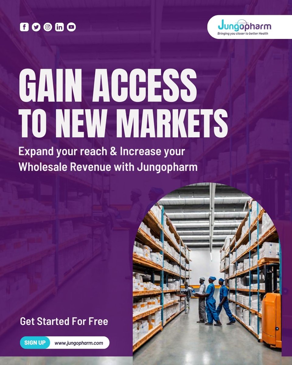 🌍 Unlock New Markets with Jungopharm!

Daktaris, rejoice! 🙌 

Expand Your Reach: Our robust system connects you with a diverse network of distributors.

From local suppliers to global partners, access a wide range of products and services.

#PharmacyGrowth #MarketExpansion